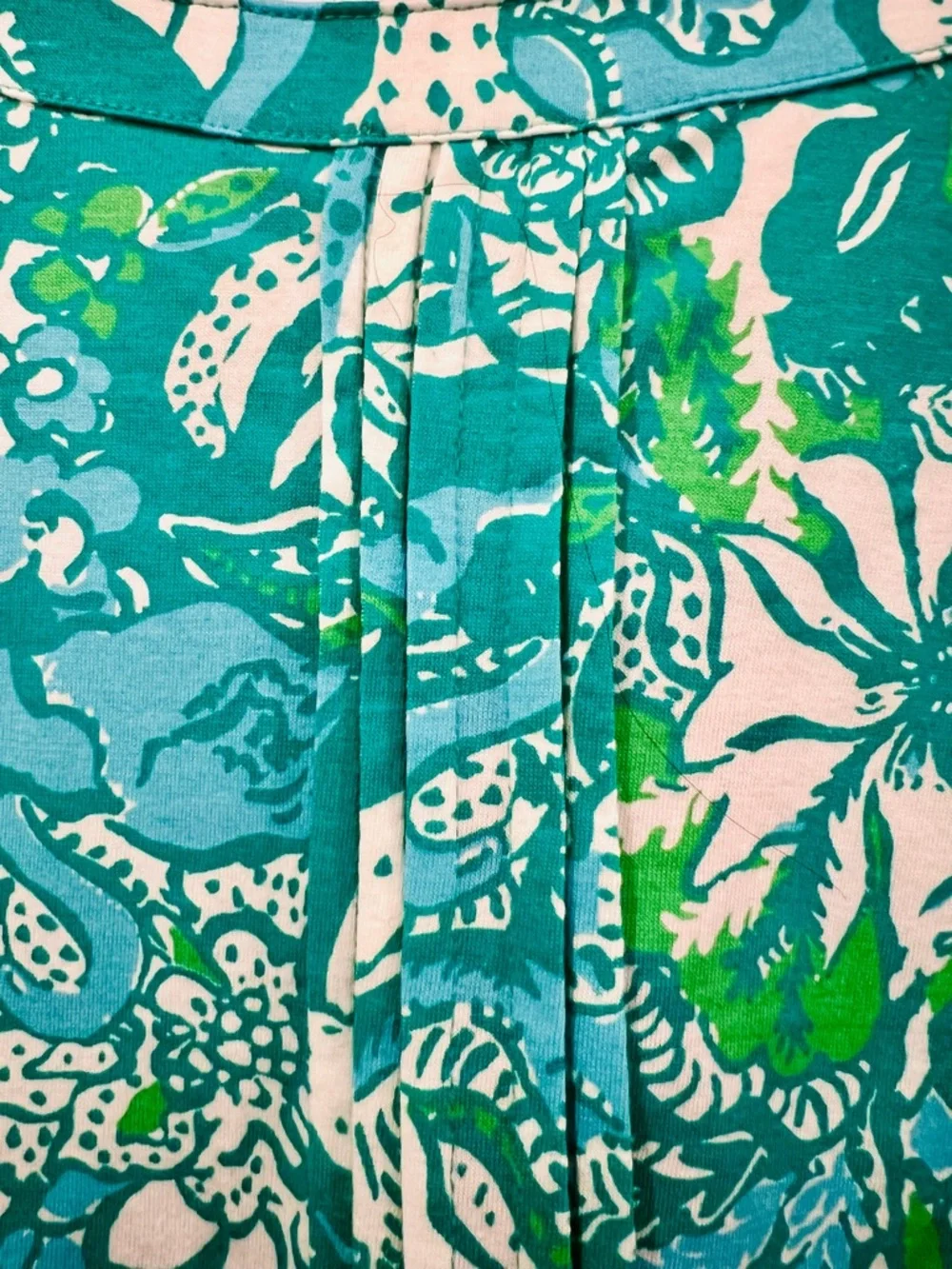 Lilly Pulitzer Teal Tropical Print Pleated Blouse Ruffle Sleeve lightweight Chic - Picture 5 of 8